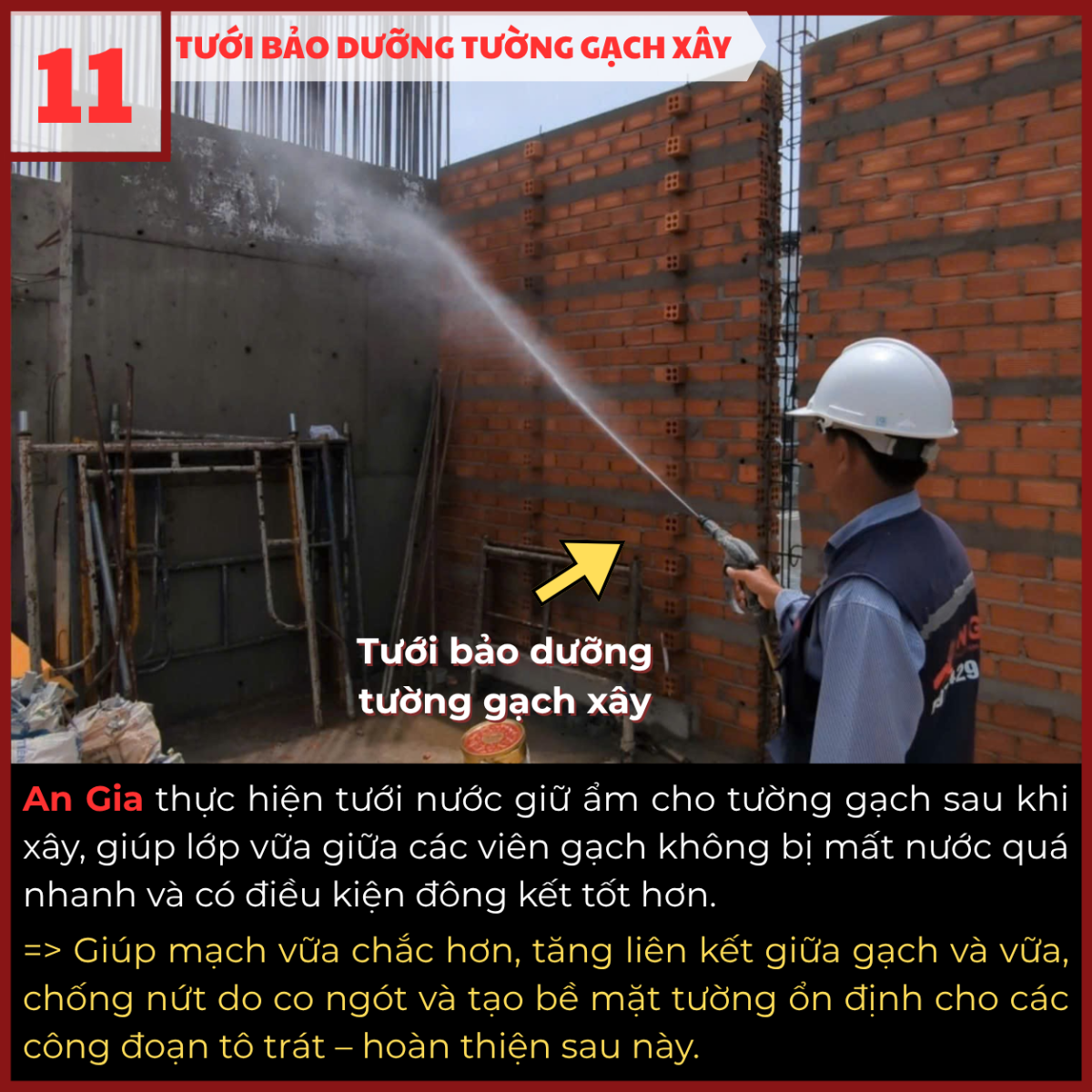 Tưới nước bảo dưỡng tường gạch sau khi xây