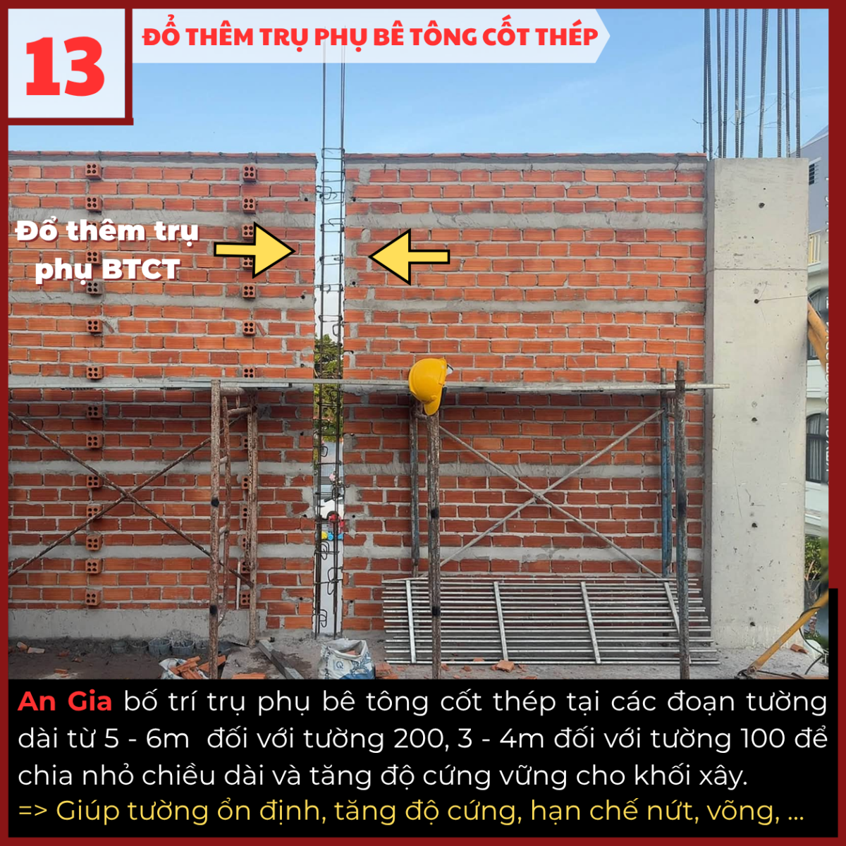 Bố trí trụ phụ bê tông cốt thép cho đoạn tường dài