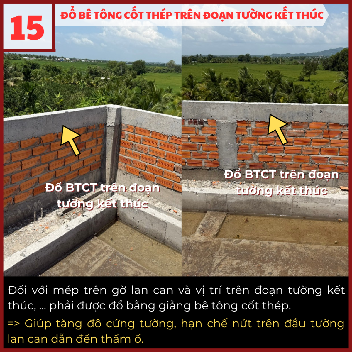 Đổ bê tông cốt thép trên đoạn tường kết thúc