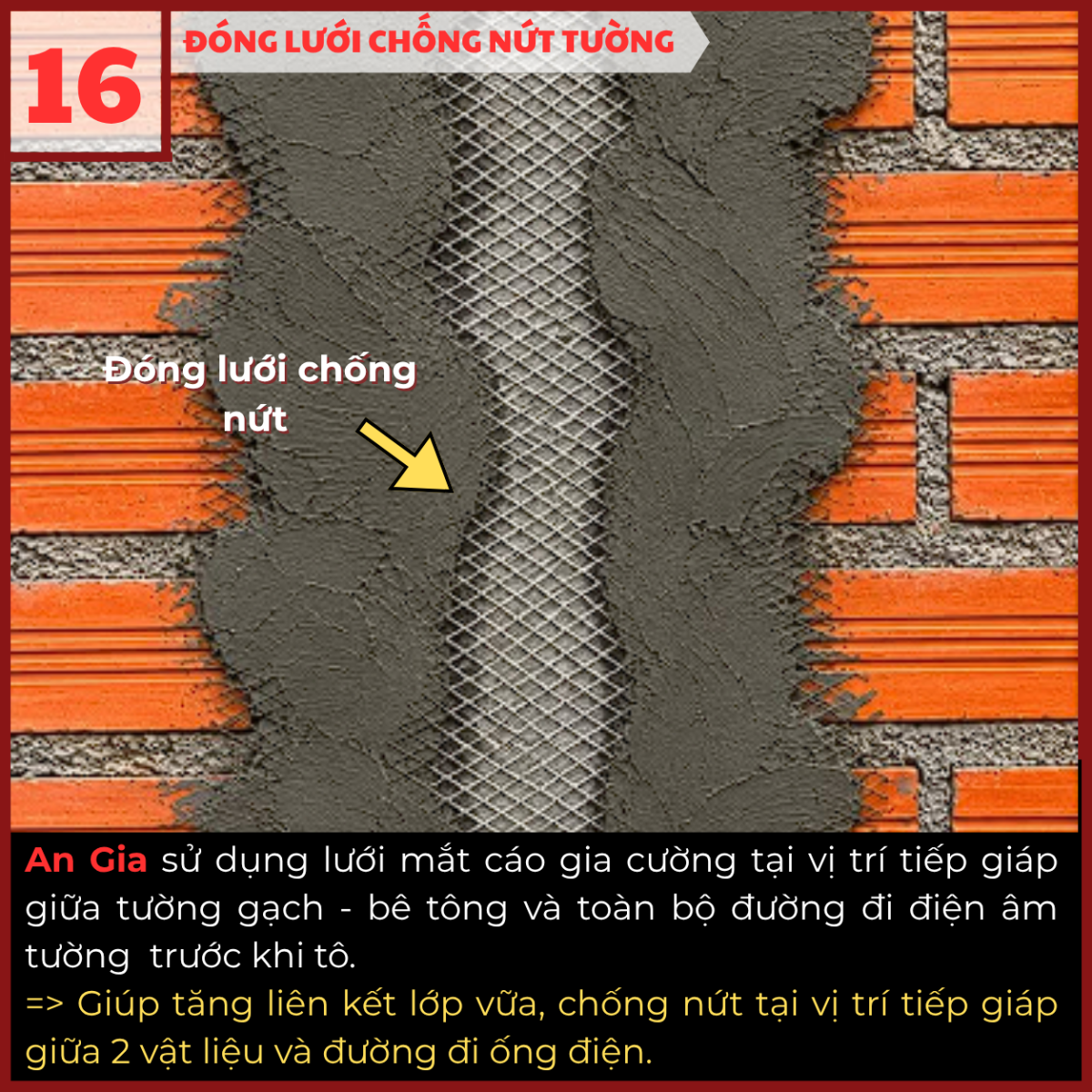 Đóng lưới chống nứt tại vị trí tiếp giáp tường và bê tông