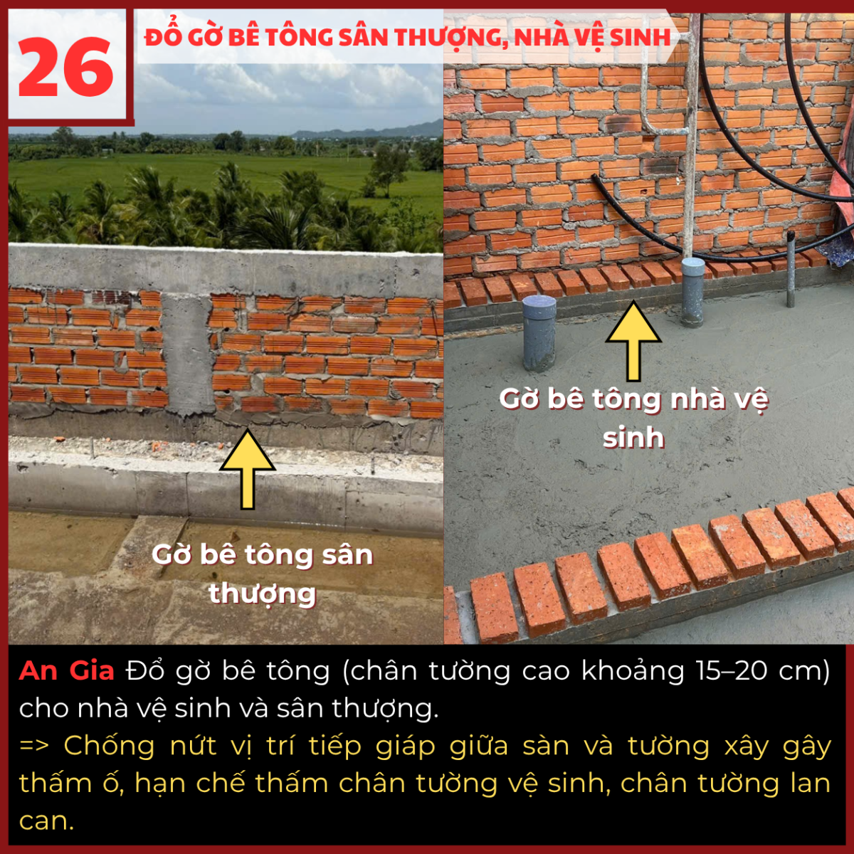 Đổ gờ bê tông chân tường sân thượng và nhà vệ sinh
