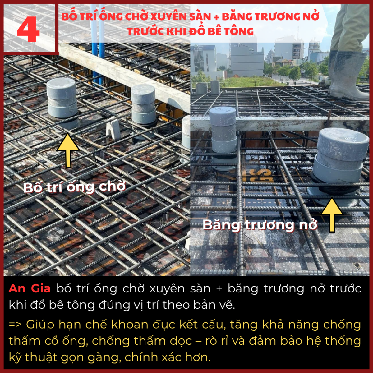 Bố trí ống chờ xuyên sàn và băng trương nở trước khi đổ bê tông
