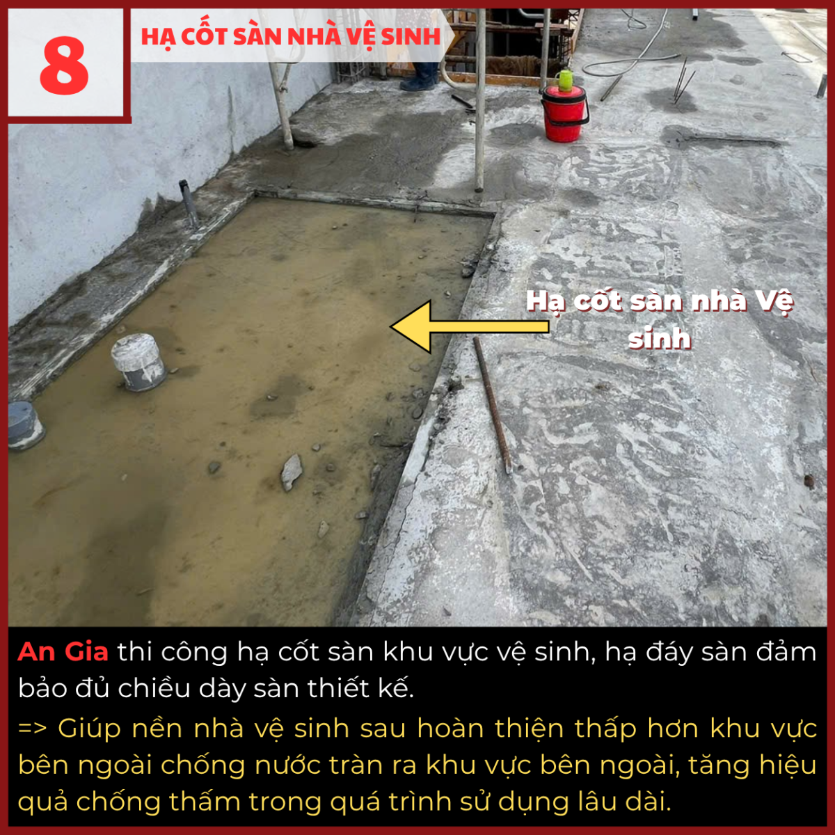Thi công hạ cốt sàn nhà vệ sinh tại công trình An Gia