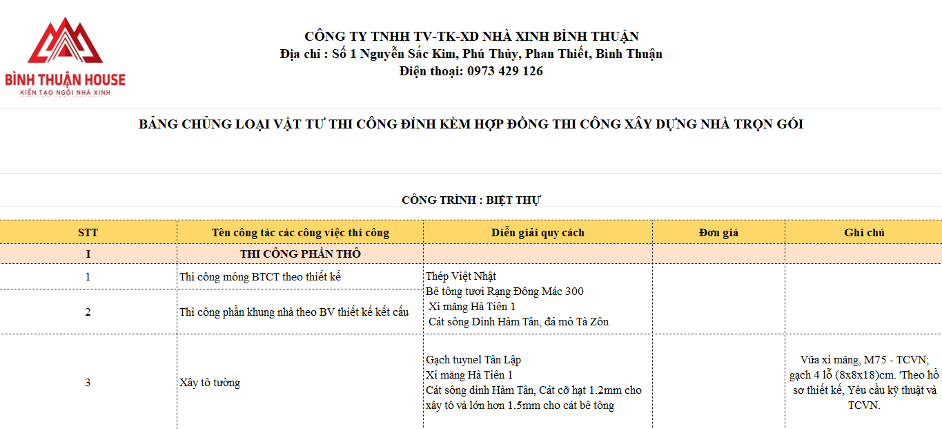 Bảng vật tư biệt thự xây nhà trọn gói phan thiết